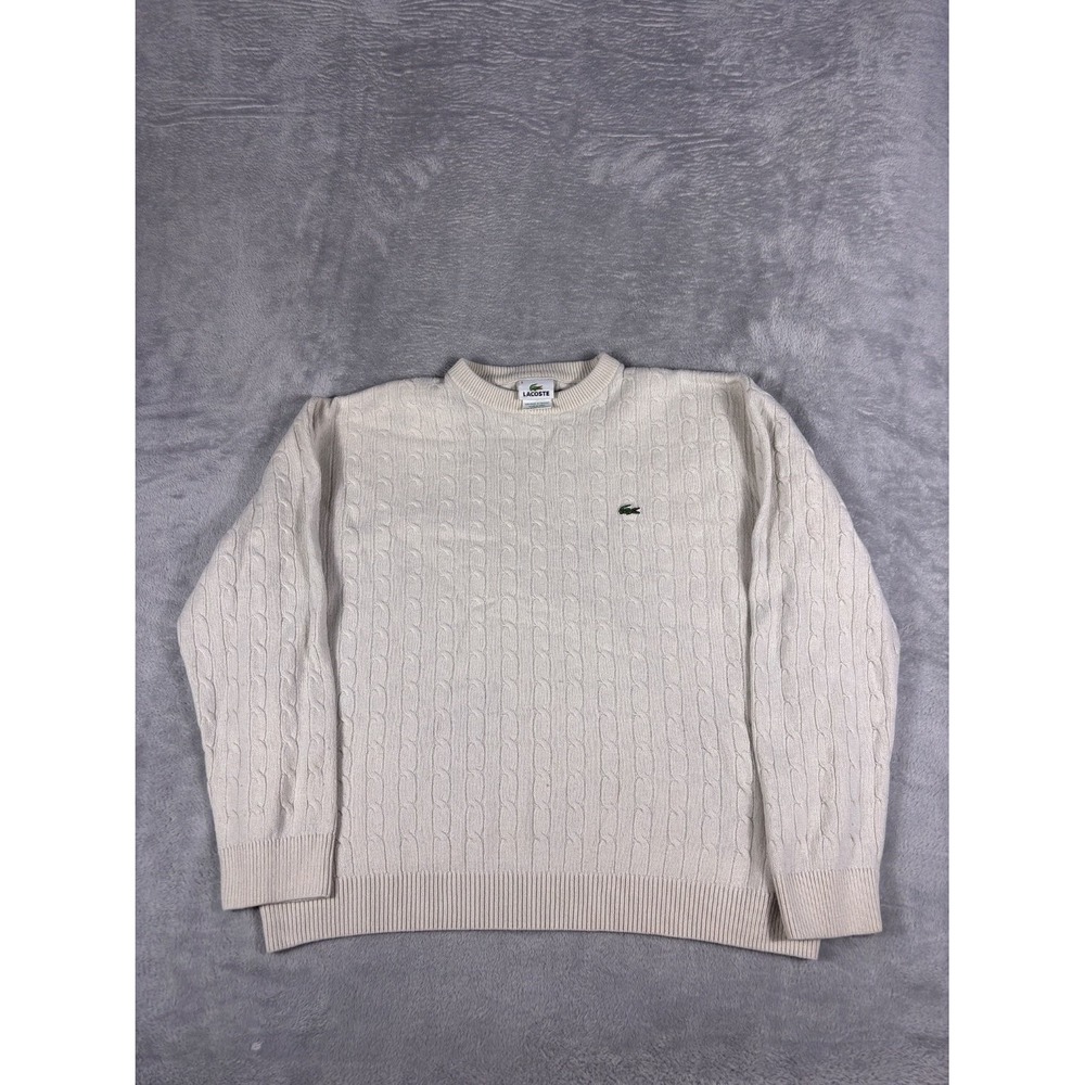 Lacoste Crewneck Cable Knit Sweater Mens Size 6 XL Off White Croc Logo